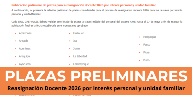 Publicación preliminar de plazas para la reasignación docente 2026 por interés personal y unidad familiar