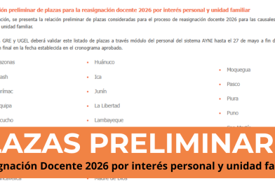 Publicación preliminar de plazas para la reasignación docente 2026 por interés personal y unidad familiar