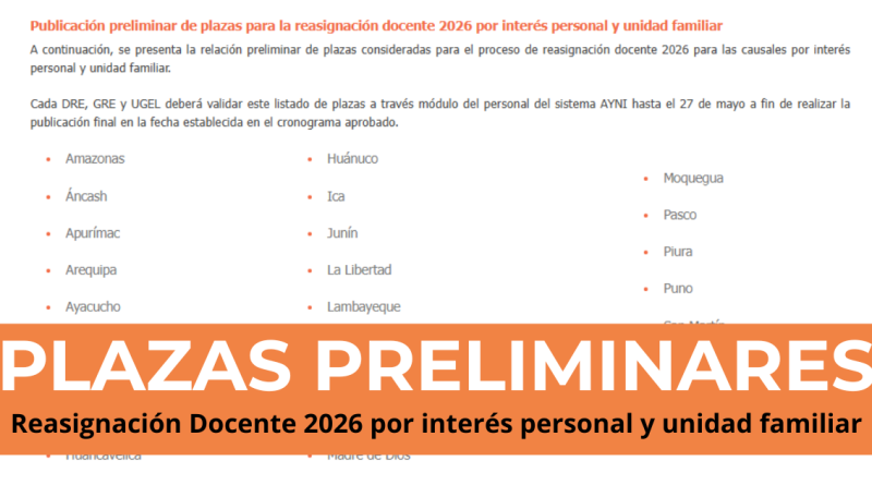 Publicación preliminar de plazas para la reasignación docente 2026 por interés personal y unidad familiar