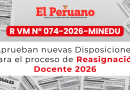 Aprueban nuevas Disposiciones para el proceso de Reasignación Docente 2026 – R V.M N° 074-2026-MINEDU