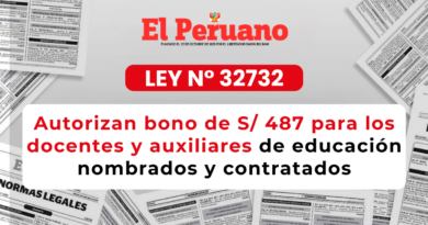 LEY N° 32732 – Autorizan bono de S/ 487 para los docentes y auxiliares de educación nombrados y contratados