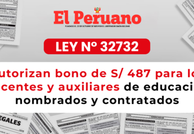LEY N° 32732 – Autorizan bono de S/ 487 para los docentes y auxiliares de educación nombrados y contratados